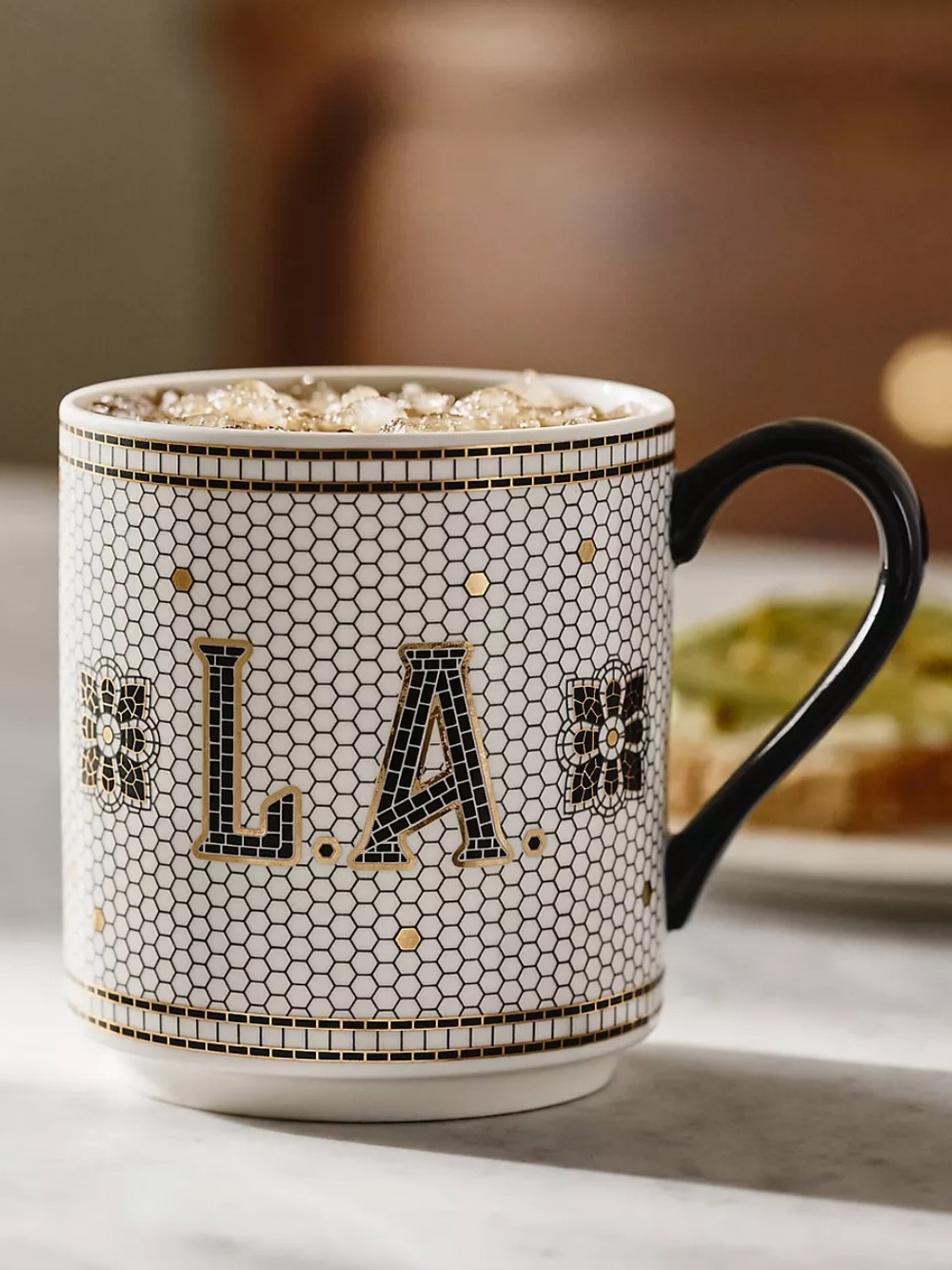 Anthropologie LA Bistro Tile Stoneware 24k Gold Accent Jetsetter Mug Los Angeles